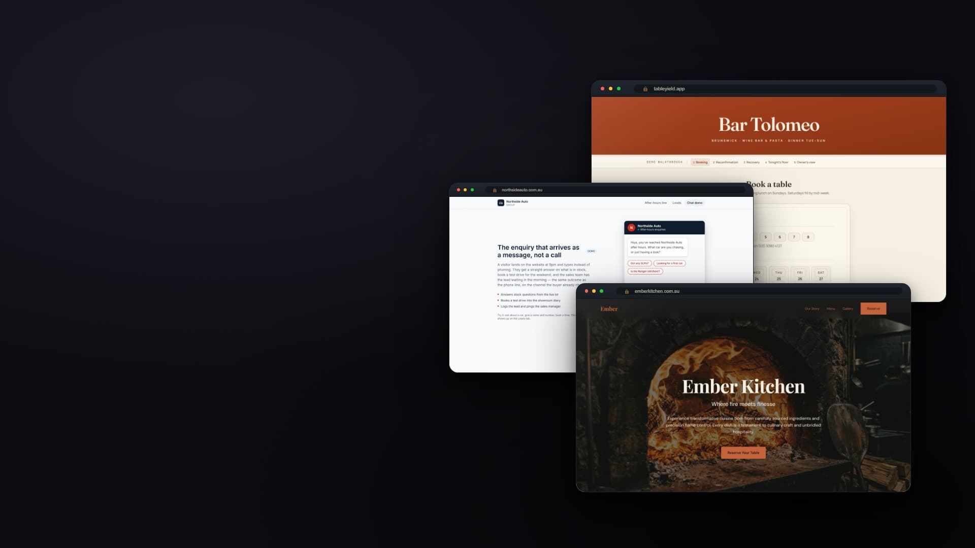 A showreel of Topues work — a restaurant website, a booking console, and an after-hours chat agent.