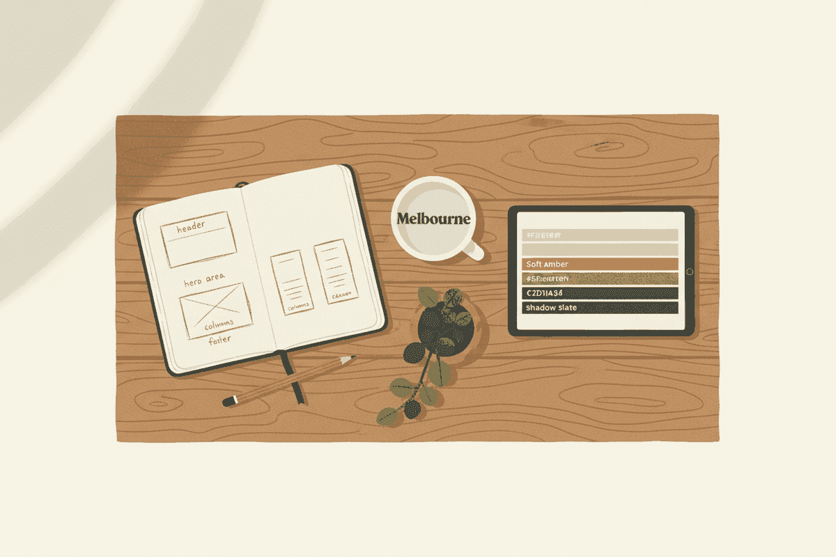 A studio desk at Topues AI Studio: a sketchbook, a laptop, fresh proofs and a warm cup in morning light.