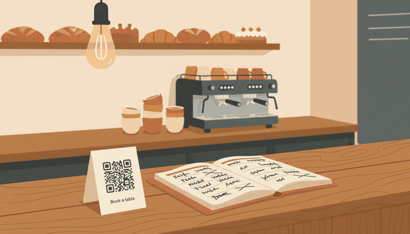 A Melbourne cafe counter with a QR-coded booking card in the foreground and a full reservations notebook.