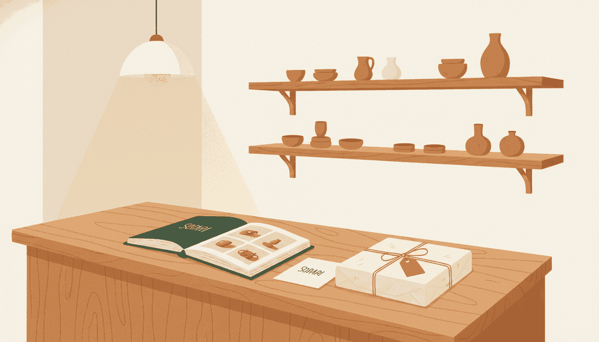 A small Melbourne boutique counter with an open lookbook, tied parcel and warm shelving behind it.