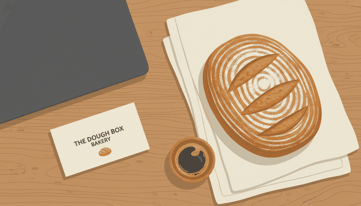 A printed business card for a Melbourne bakery beside a closed laptop and fresh sourdough on cream linen.